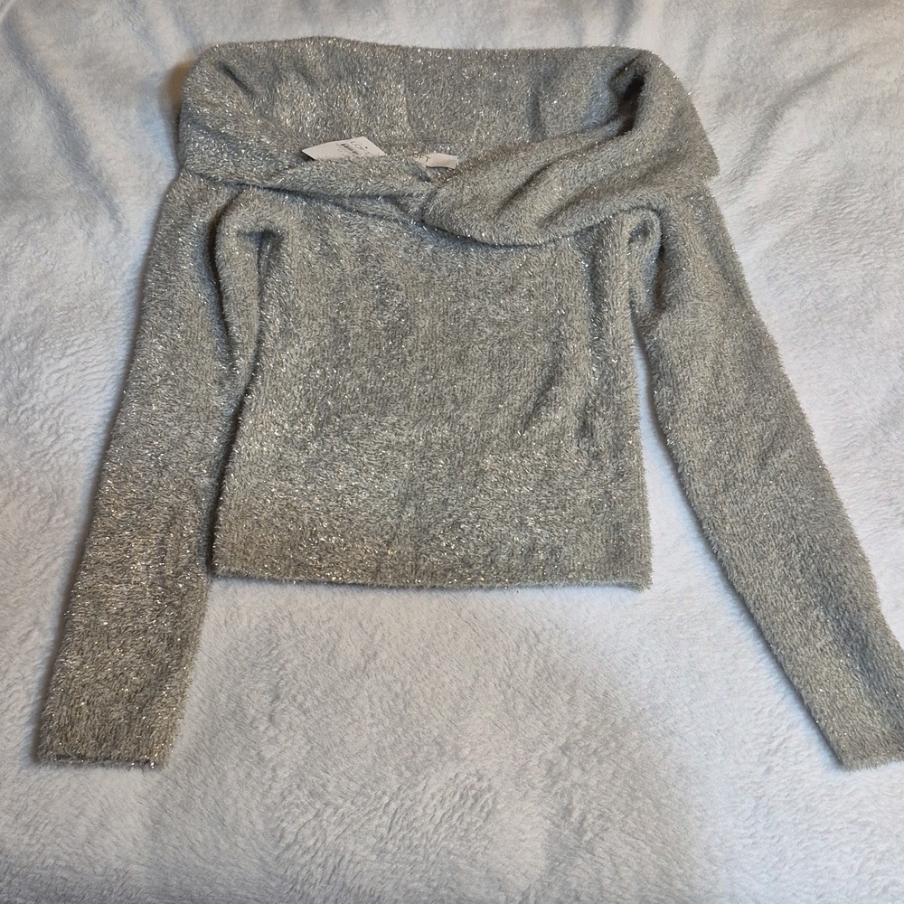 LOFT Silver-Gray Off-the-Shoulder Sparkle Sweater Sz. XS